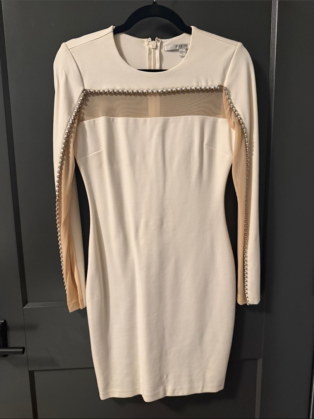 Guess Cream Long-Sleeve Sheath Dress with Mesh Inset and Pearl Trim